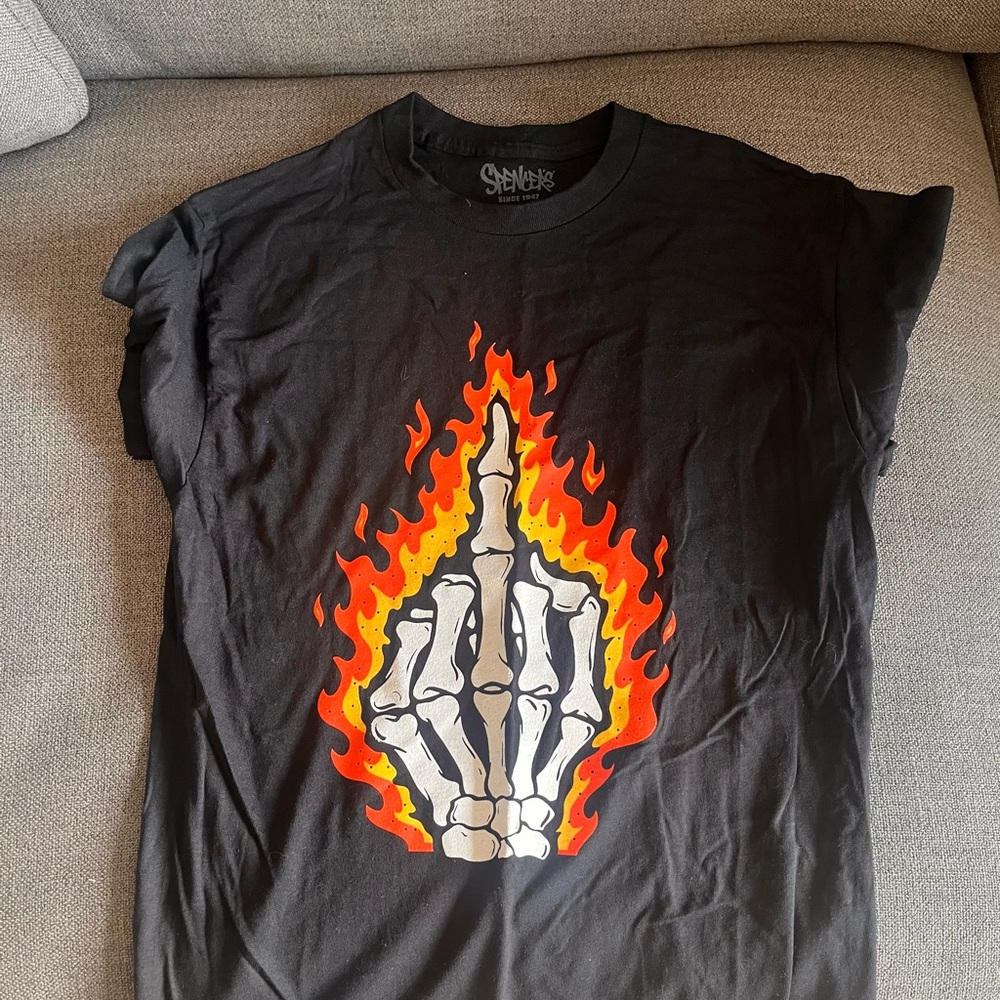Spencer's Black Tee with Skeleton Flame Design
